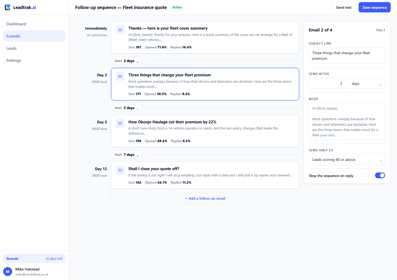 Leadtrak sequence builder showing branching steps and scoring weights configured for a lead funnel